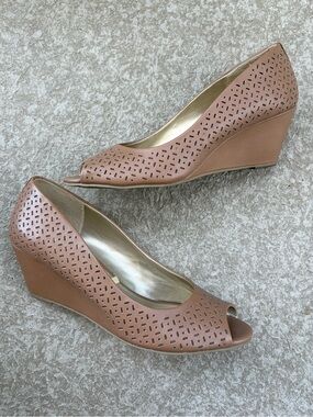 Comfort Plus Tan Perforated Peep-Toe Wedge Heels